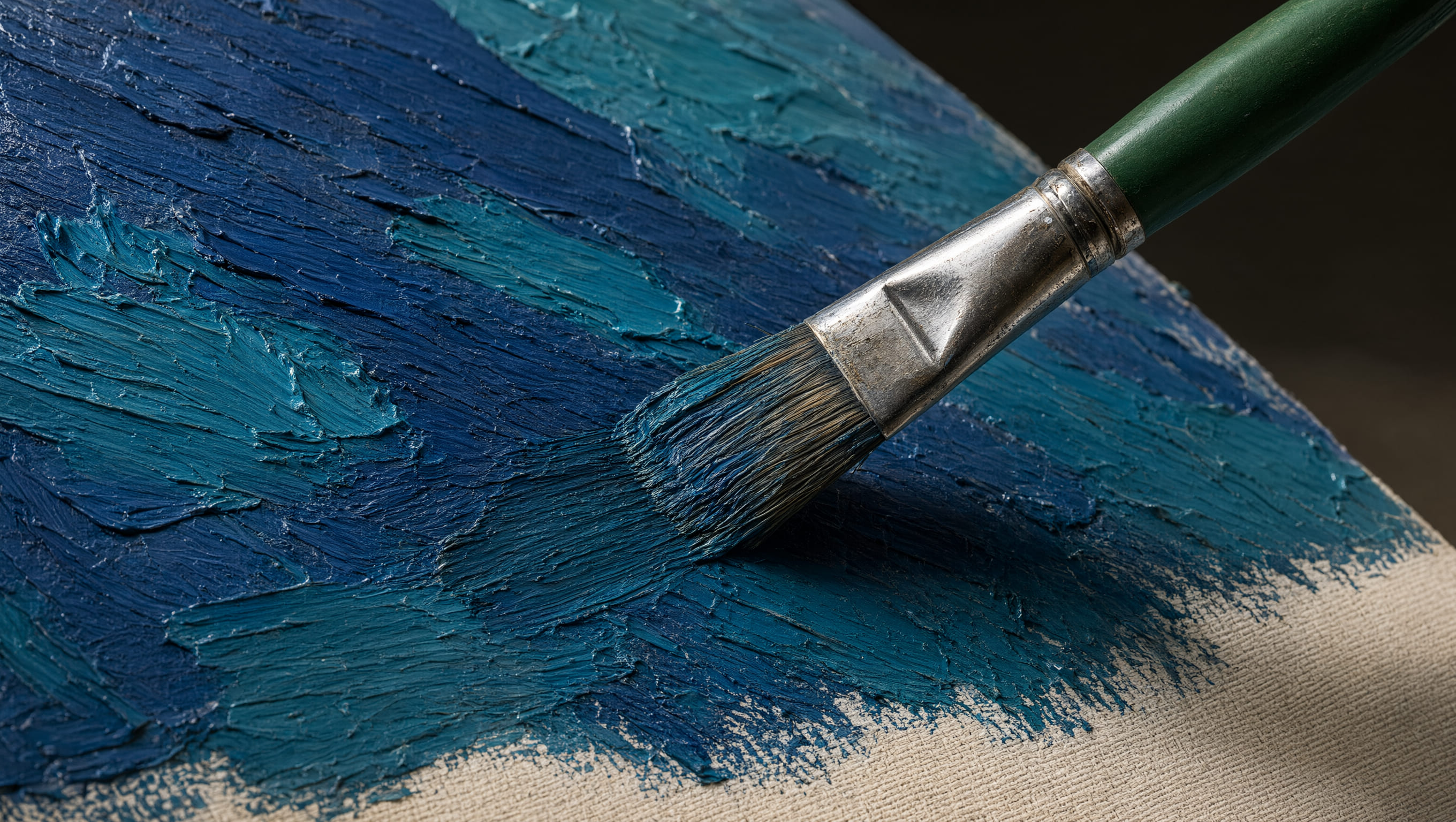 Public Qwen Image 3 reference showing a paintbrush applying thick blue paint across a textured canvas.