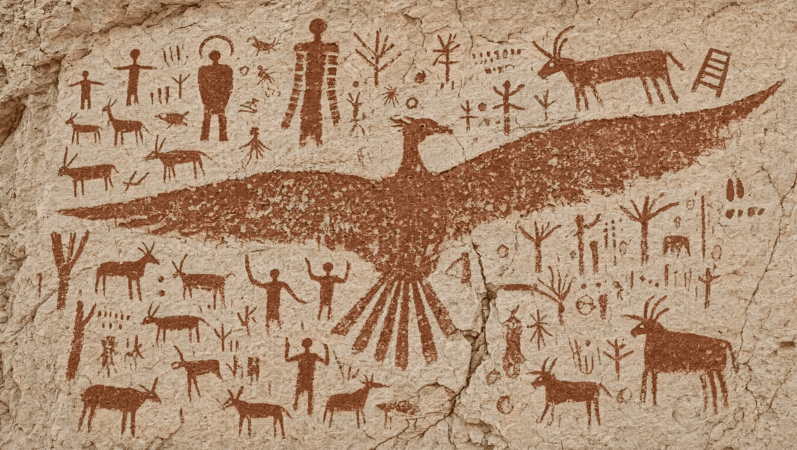 Public Qwen Image 3 reference showing a prehistoric cave painting with hunters, animals, and a large bird figure.