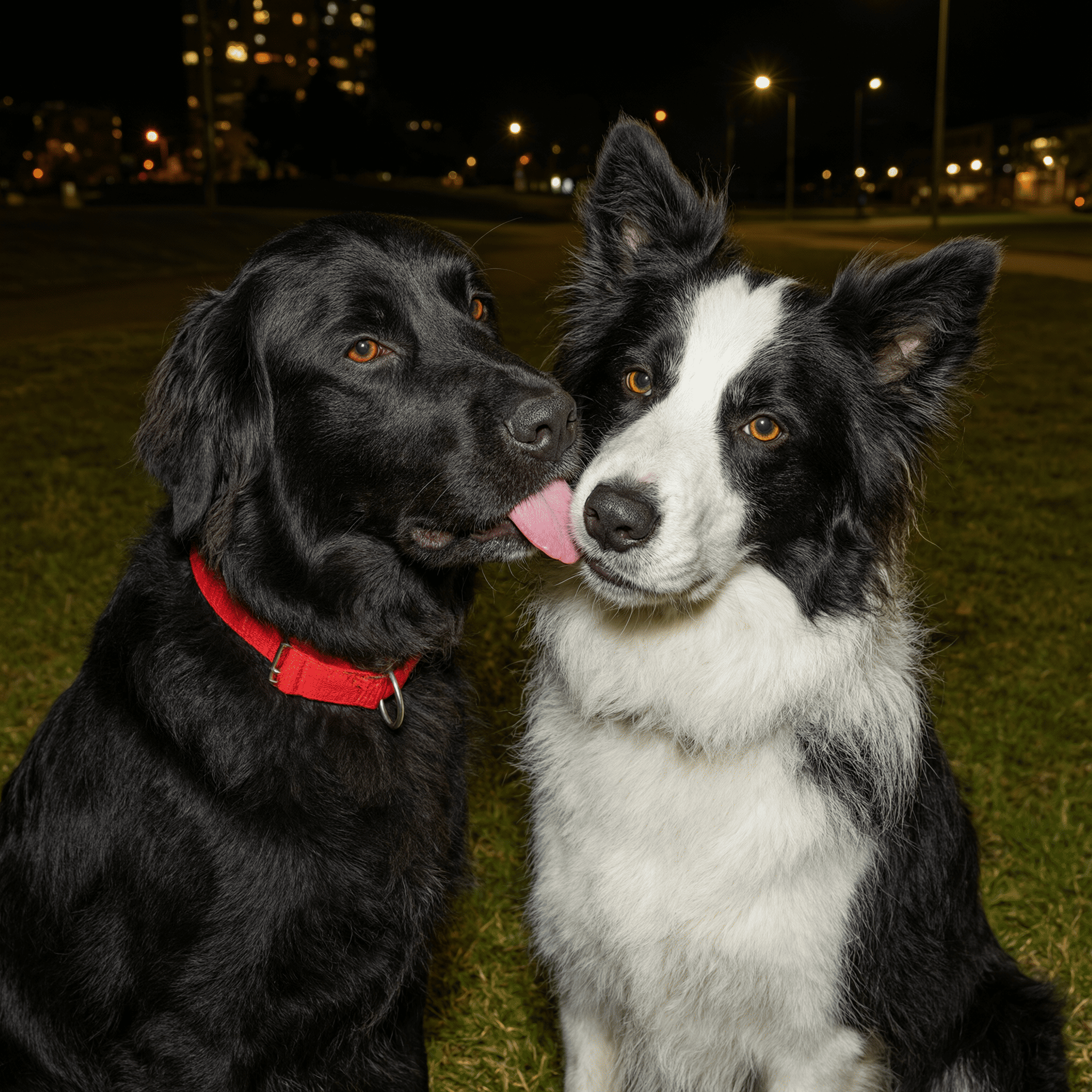 Public Qwen Image 3 reference showing two black-and-white dogs outdoors at night.