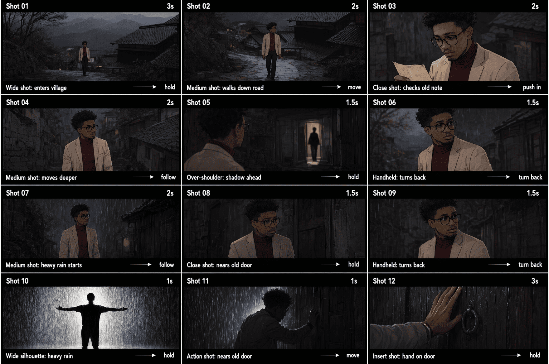 Public Qwen Image 3 reference showing a nine-panel cinematic storyboard with a man in a dark dramatic setting.